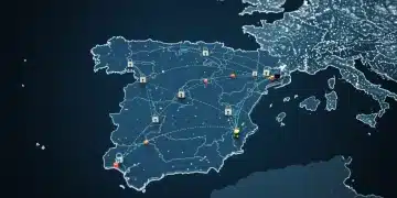 Red blockchain digital sobre mapa de España, simbolizando la optimización de la cadena de suministro española.