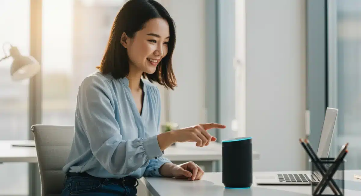 Persona interactuando con un asistente de voz, representando la búsqueda por voz en SEO