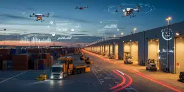 Hub logístico futurista en España con vehículos autónomos y drones, mostrando la integración de la IA predictiva.
