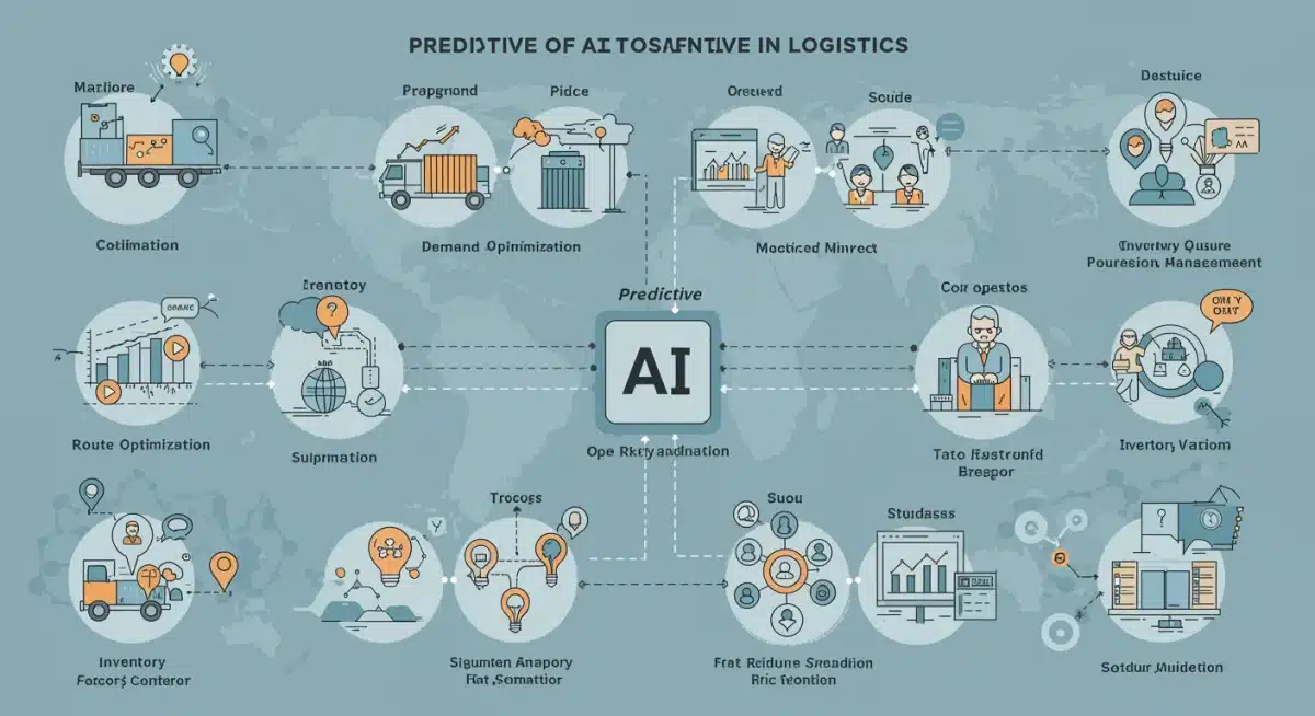 Infografía detallada de las aplicaciones de la IA predictiva en la logística, incluyendo optimización de rutas y previsión de demanda.