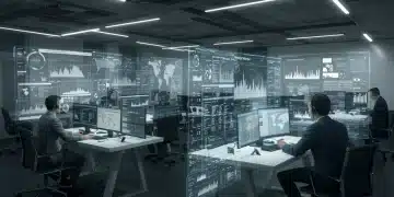 Periodistas españoles utilizando herramientas de IA y datos abiertos en una sala de redacción futurista