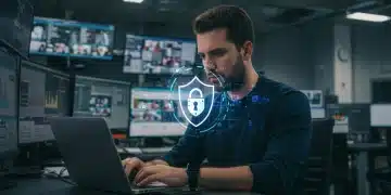 Periodista español protegiendo información digital en un entorno de noticias moderno y seguro.