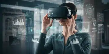 Periodista con gafas de realidad virtual interactuando con noticias inmersivas en España.