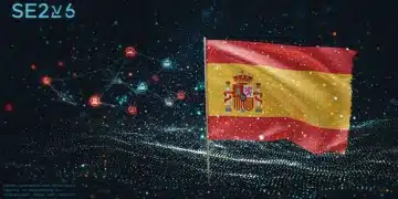 Paisaje digital futurista con elementos de SEO avanzado para el mercado español en 2026