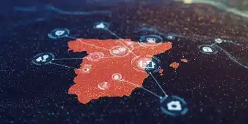 Paisaje digital futurista con flujos de datos interconectados simbolizando la automatización del marketing en España.