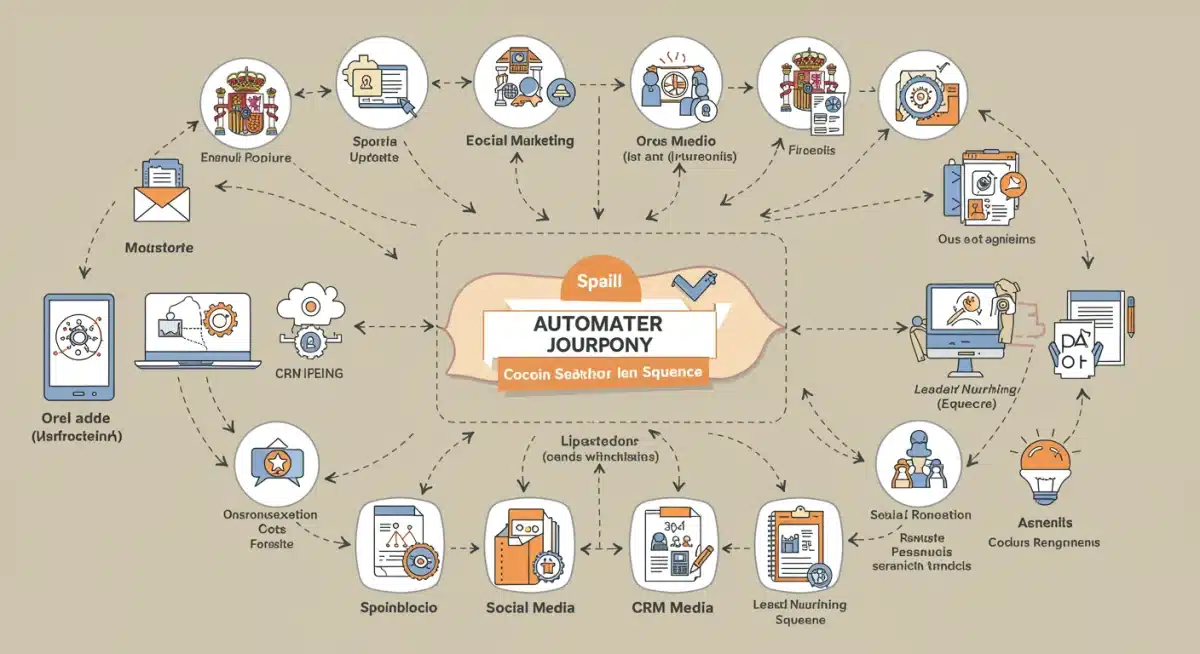 Infografía detallada del viaje del cliente con puntos de contacto automatizados y personalizados en marketing digital.