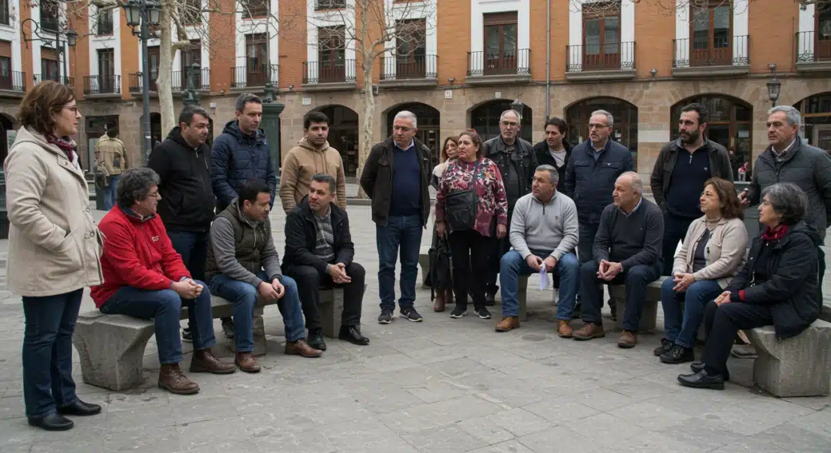 Diálogo comunitario en una plaza española, facilitado por un periodista, fomentando la participación ciudadana.