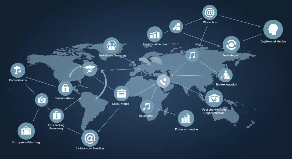 Diagrama de un ecosistema de noticias digital, ilustrando la interconexión de medios y la lucha contra la desinformación.