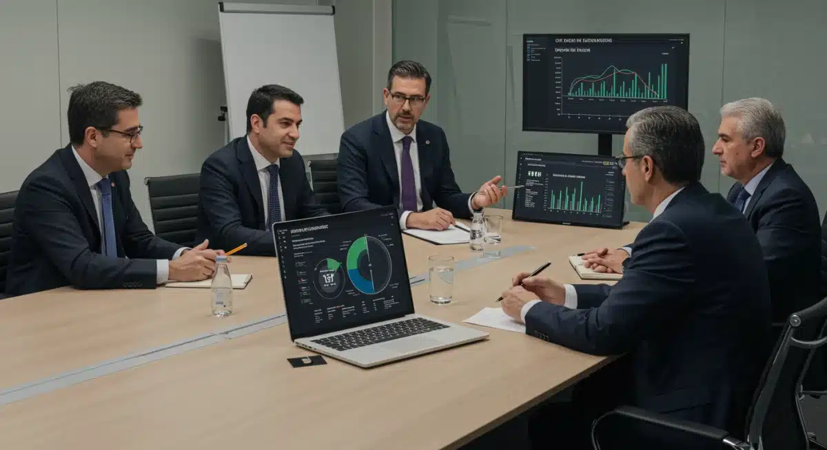 Ejecutivos españoles analizando datos de gemelos digitales para la toma de decisiones estratégicas y reducción de fallos operativos.