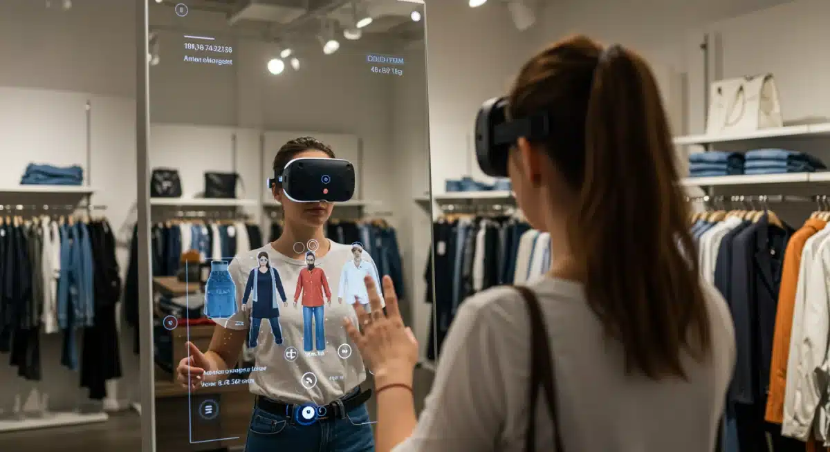 Clienta probándose ropa virtualmente con un espejo de realidad aumentada en una tienda de moda, mostrando una experiencia de compra innovadora.