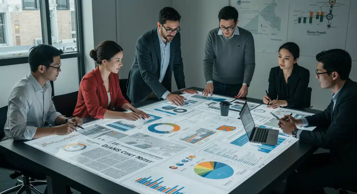 Equipo multidisciplinar analizando estrategias de sostenibilidad para un periódico digital, con gráficos de ingresos.