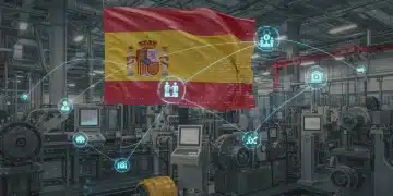 Representación futurista de gemelos digitales en una fábrica inteligente española, mostrando la interconexión de datos y procesos.