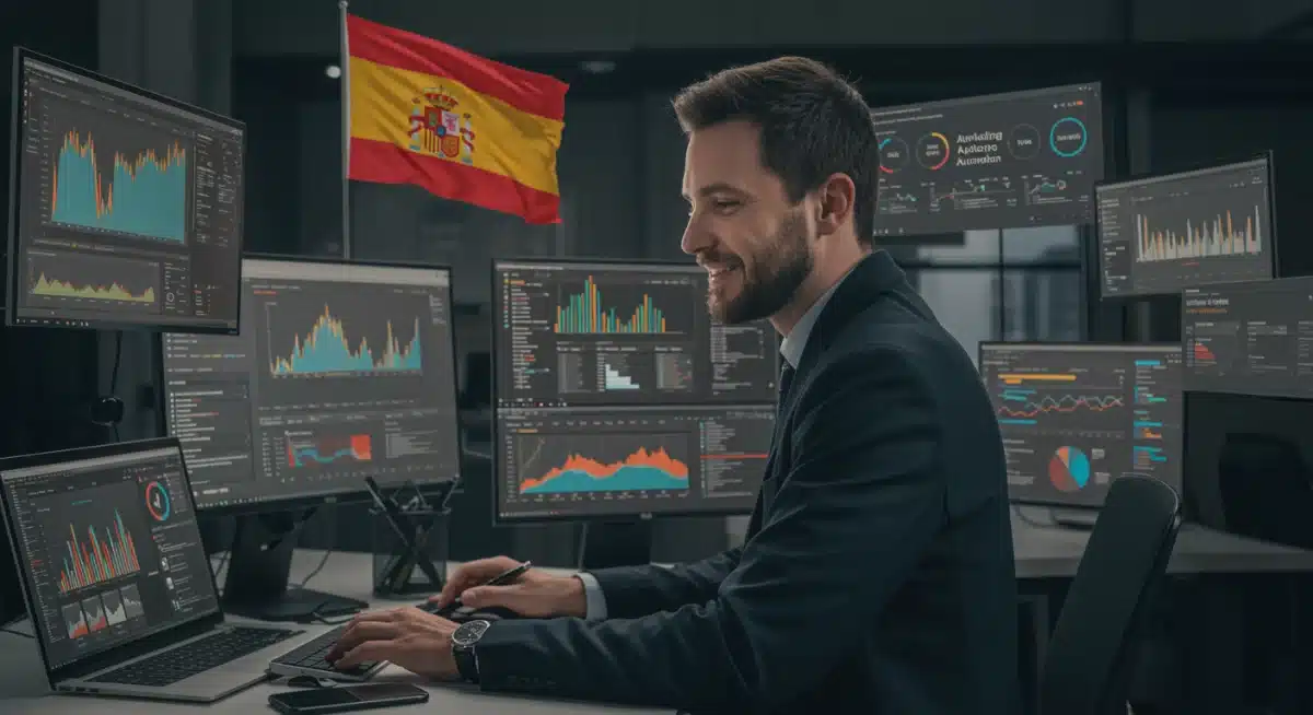 Profesional de marketing digital gestionando campañas automatizadas con eficiencia desde su escritorio en España.