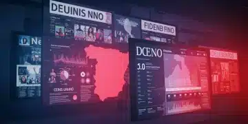 Interfaz futurista de periódico digital en España, con gráficos y noticias, simbolizando la innovación mediática.