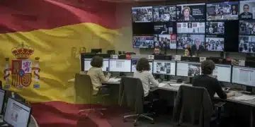 Periodistas diversos trabajando en una redacción moderna, enfocados en noticias de interés social en España.