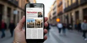 Persona leyendo noticias en un smartphone en una calle española