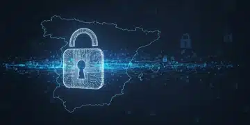 Ilustración digital con un candado y flujos de datos sobre un mapa de España, representando las regulaciones de privacidad de datos en España para 2026 y su impacto en la estrategia digital.