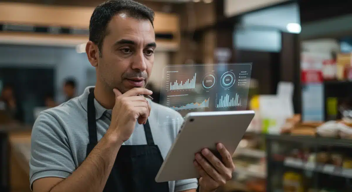 Propietario de negocio local español analizando datos de IA para optimizar operaciones.