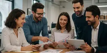 Empresarios de pymes españolas colaborando y revisando planes de crecimiento con optimismo.