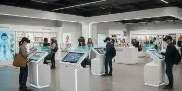 Clientes interactuando con pantallas de realidad aumentada y gafas de realidad virtual en una tienda minorista moderna en España.