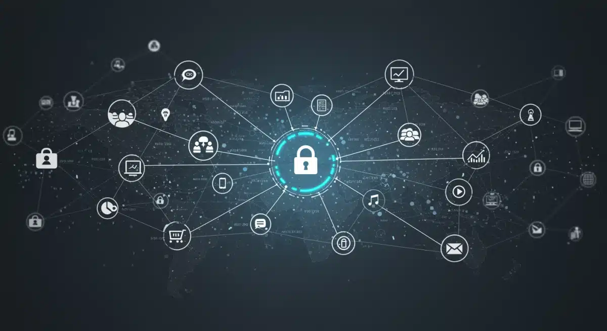 Red compleja de dispositivos interconectados y puntos de datos, con un sistema de gestión de datos seguro en el centro, ilustrando la gobernanza de datos bajo nuevas regulaciones de privacidad.