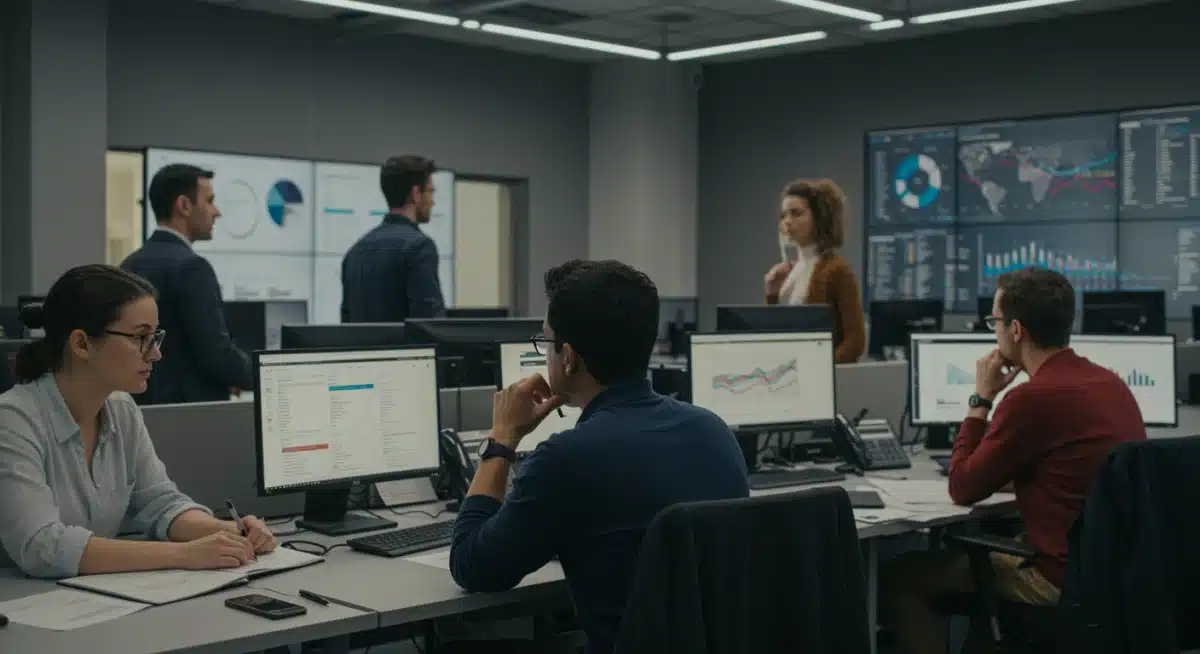 Periodistas analizando datos de engagement y comportamiento de audiencia en una sala de redacción moderna.