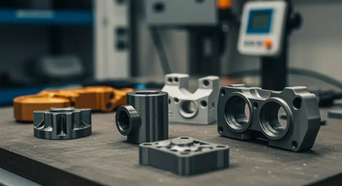 Muestra de componentes impresos en 3D de alta precisión y materiales diversos