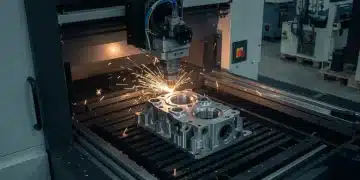 Impresora 3D industrial en funcionamiento creando una pieza metálica compleja