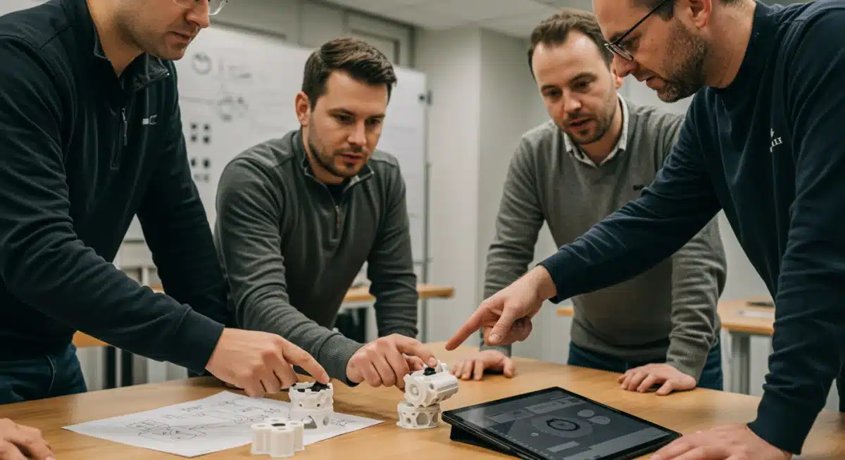 Ingenieros revisando prototipo impreso en 3D para optimización de diseño