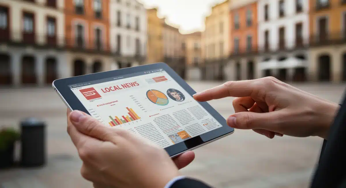 Manos usando una tablet con una aplicación de noticias locales y gráficos de crecimiento de suscriptores.