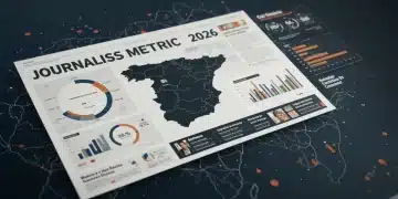 Interfaz digital de noticias mostrando métricas innovadoras y el futuro del periodismo en España 2026.