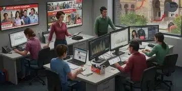 Periodistas colaborando en una redacción moderna de un medio local español, mostrando crecimiento financiero.