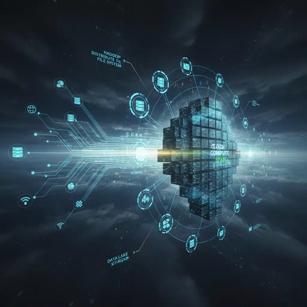 Arquitectura de Big Data distribuida y escalable, con nodos interconectados y fuentes de datos diversas.
