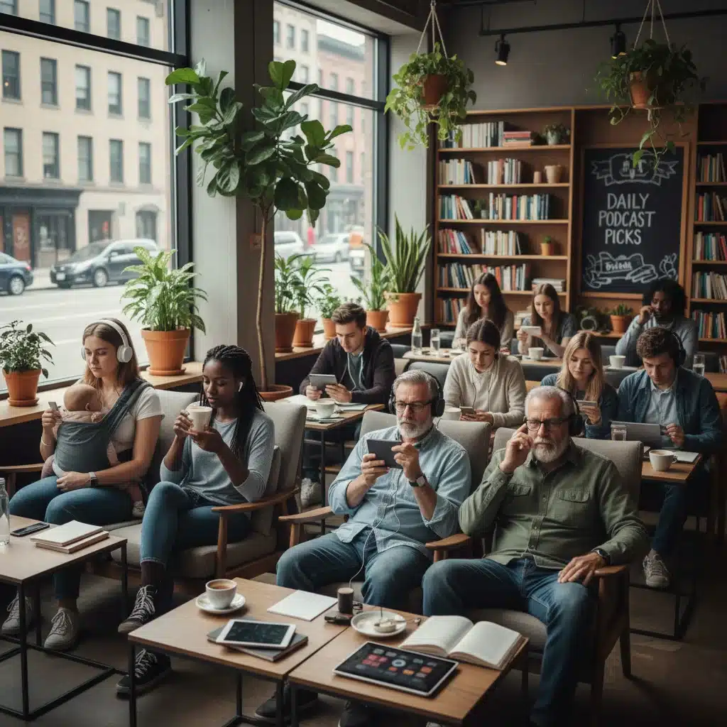 Personas de diferentes edades escuchando podcasts en sus dispositivos móviles en un entorno relajado.