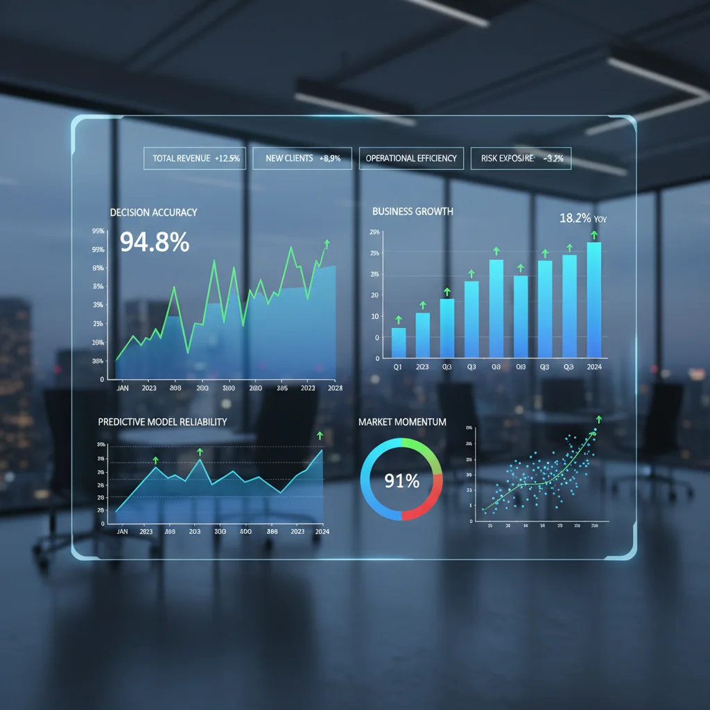 Panel de control con visualizaciones de datos, gráficos y KPIs mostrando análisis de mercado en tiempo real y predicciones.