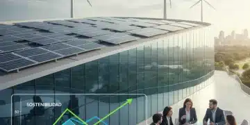Oficina moderna con paneles solares y turbinas eólicas, representando el ahorro energético y la sostenibilidad empresarial en España.