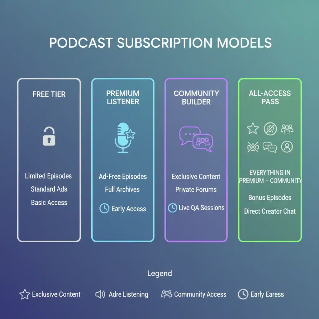 Infografía de modelos de suscripción para podcasts, mostrando contenido exclusivo y acceso anticipado.