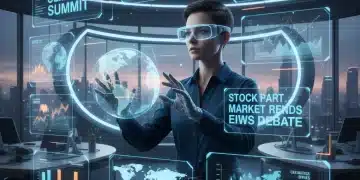 Periodista utilizando gafas de realidad aumentada para interactuar con noticias holográficas en un entorno de redacción moderno.