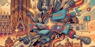 Micrófonos y titulares de noticias sobre un fondo de la Sagrada Familia, simbolizando el podcasting periodístico en España.