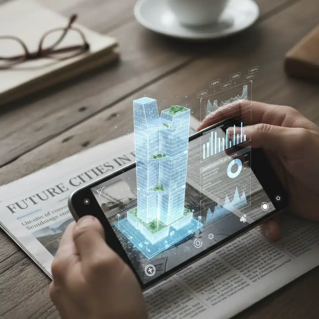 Smartphone mostrando una aplicación de realidad aumentada sobre un periódico físico con un modelo 3D interactivo.