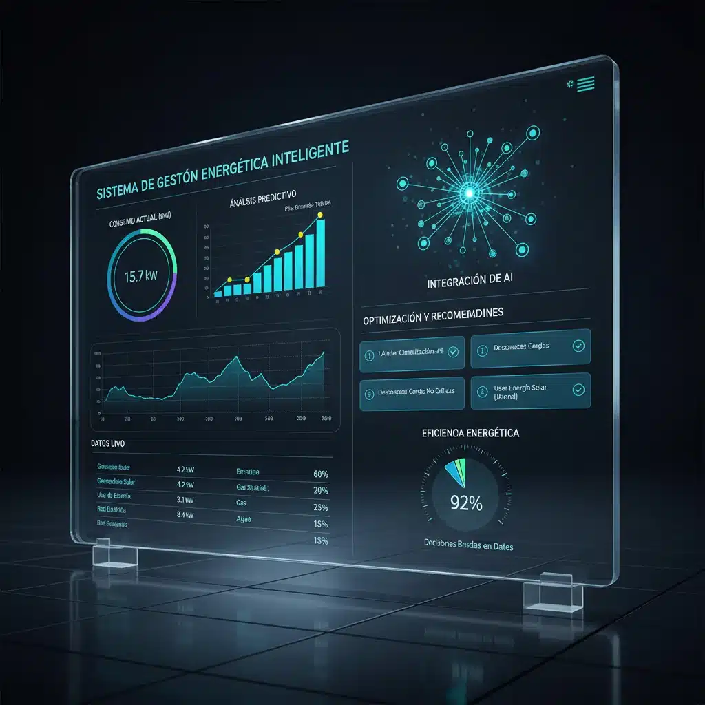 Panel de control de un sistema de gestión energética inteligente con datos en tiempo real y análisis predictivo para empresas.