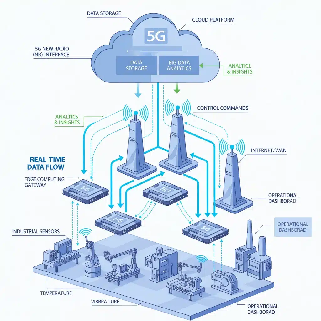 Diagrama de arquitectura de red 5G para IoT industrial y edge computing.