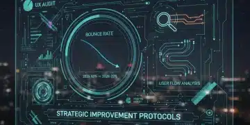 Futurista interfaz digital con gráficos de reducción de tasa de rebote, representando una auditoría UX estratégica para 2026.