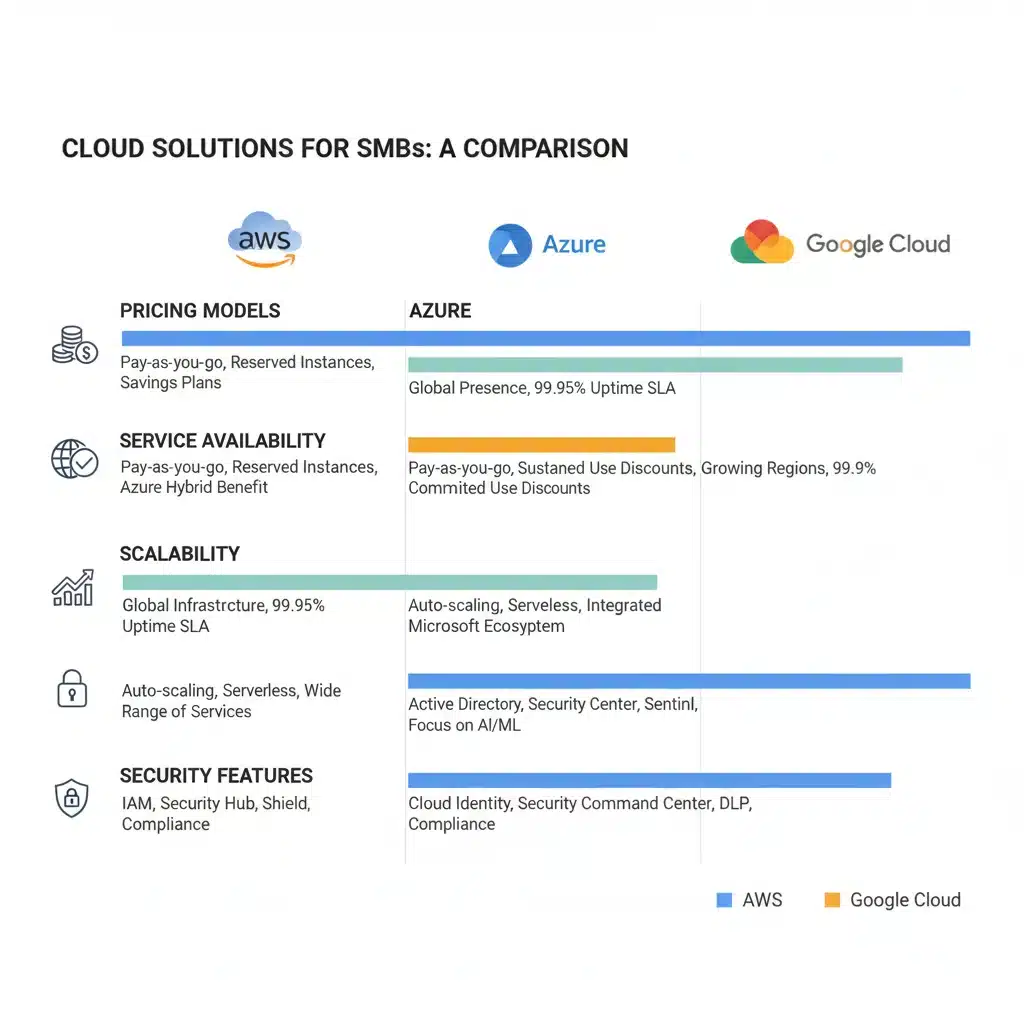 Tabla comparativa de características clave de AWS, Azure y Google Cloud para PyMEs