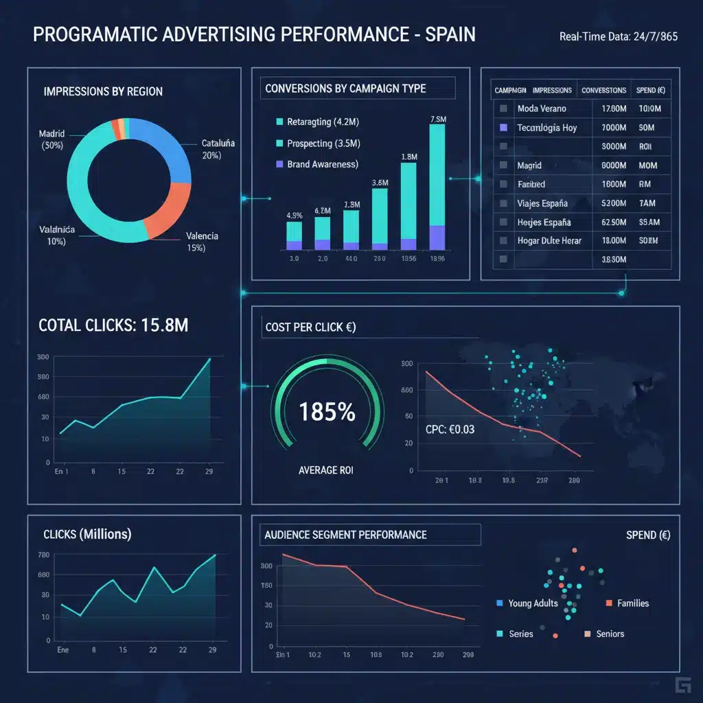 Dashboard de análisis de datos de campañas programáticas mostrando métricas clave y ROI en el mercado español.