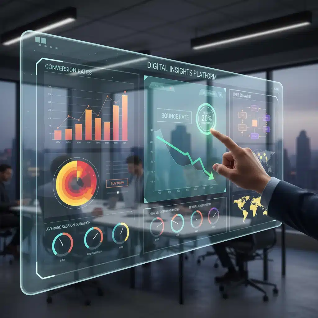 Panel de control con visualización de datos de comportamiento de usuario, tasas de rebote y conversiones, destacando mejoras.