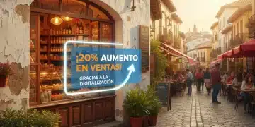 Fachada de negocio local español con superposición digital de datos de ventas, simbolizando el impacto de la digitalización.