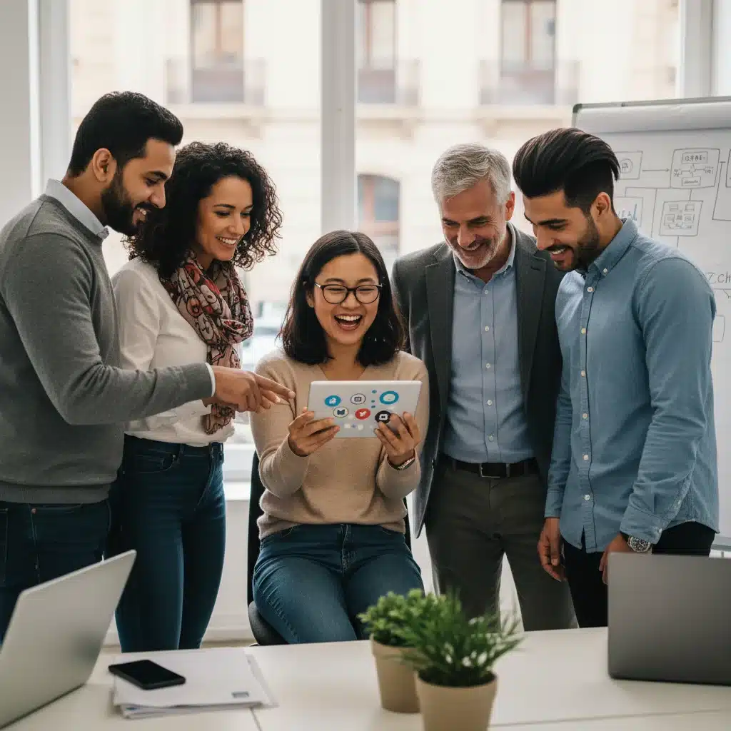 Empresarios locales españoles colaborando y aprendiendo sobre herramientas digitales para sus negocios.
