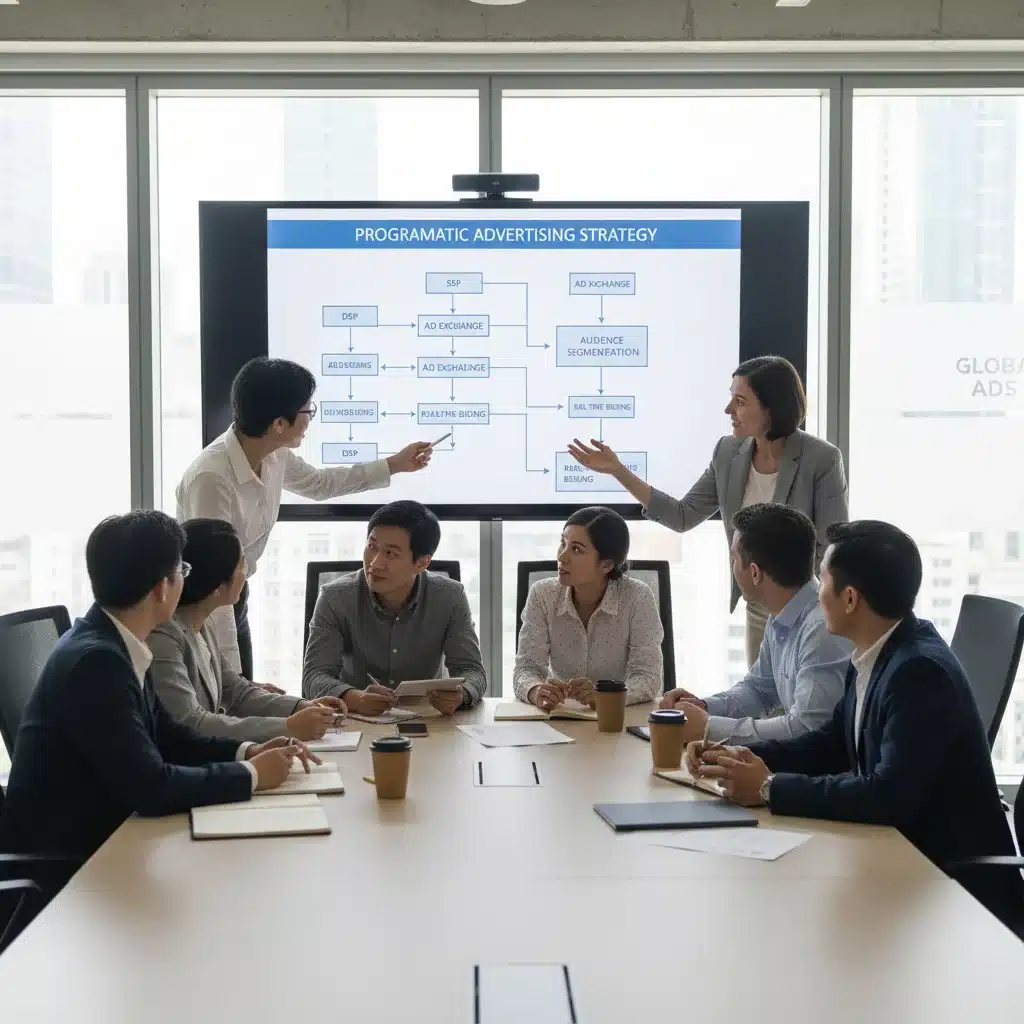 Equipo de profesionales de marketing digital colaborando en una estrategia de publicidad programática avanzada.