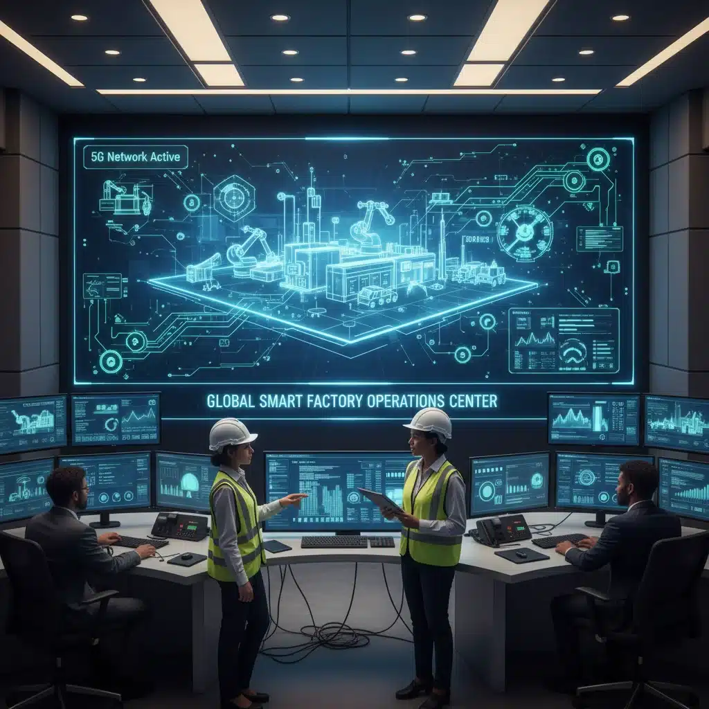 Equipo de ingenieros supervisando operaciones industriales en una sala de control con datos 5G.